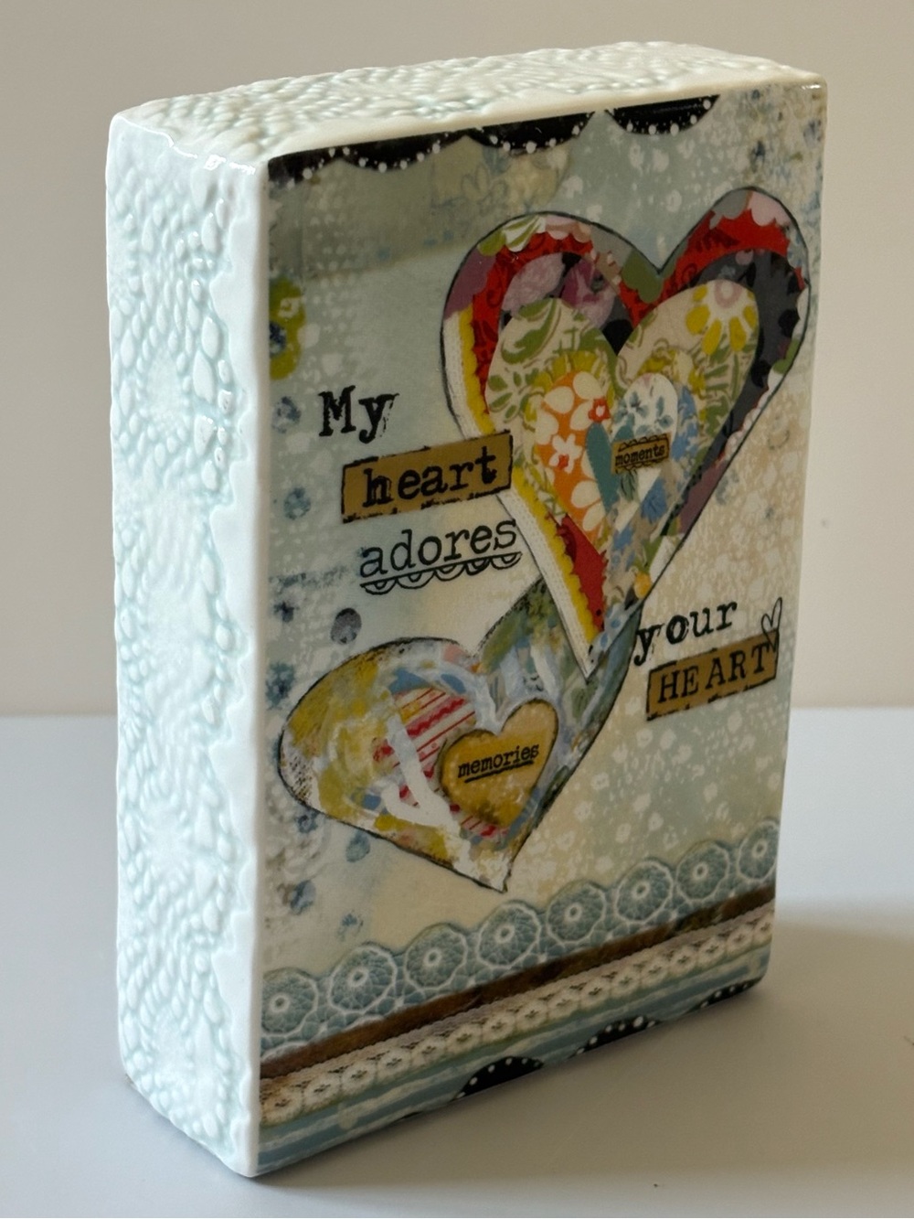 DEMDACO Kelly Rae Robert’s My Heart Adores Your Heart Ceramic Art Block Gift 6x4